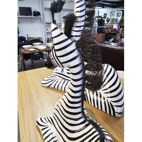 8 - A collection of three graduated wooden zebra's figures in a comical design. One of the zebra's has a... 