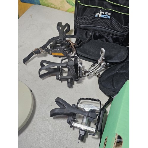 13 - A box containing a quantity of cycling accessories to include slime smart tubes, a rechargeable fron... 
