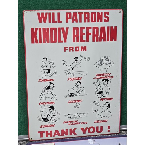 28 - A collection of four tin plate signs to include a Honda motorbike, a fishing comical sign, a kitchen... 