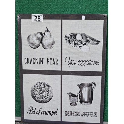 28 - A collection of four tin plate signs to include a Honda motorbike, a fishing comical sign, a kitchen... 
