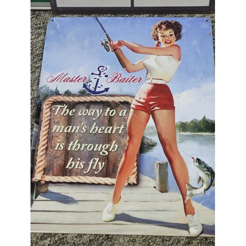 28 - A collection of four tin plate signs to include a Honda motorbike, a fishing comical sign, a kitchen... 