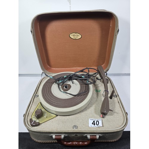 40 - A cased vintage Fidelity record player 4 speed complete with carry case, no plug fitted.