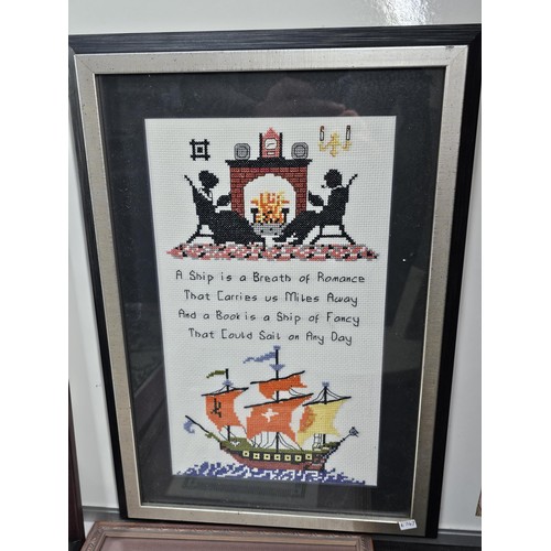 43 - A collection of 6x good quality hand made tapestry and needlework pictures to include a Harth and sh... 