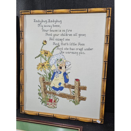 49 - Collection of 4x framed and glazed needlepoint pictures to include a clown figure, a windmill, a fis... 