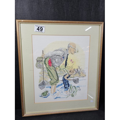 49 - Collection of 4x framed and glazed needlepoint pictures to include a clown figure, a windmill, a fis... 