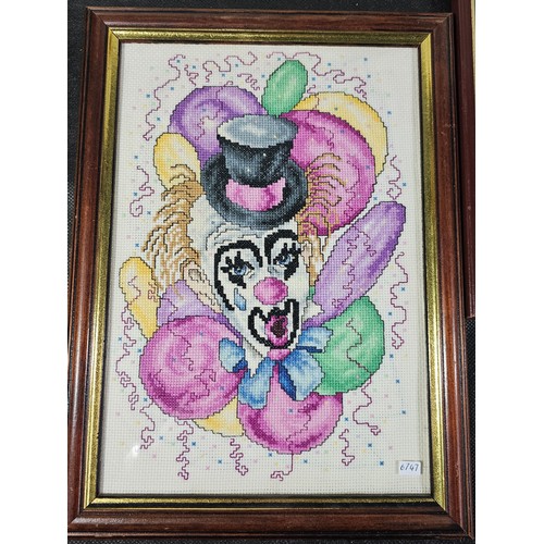 49 - Collection of 4x framed and glazed needlepoint pictures to include a clown figure, a windmill, a fis... 