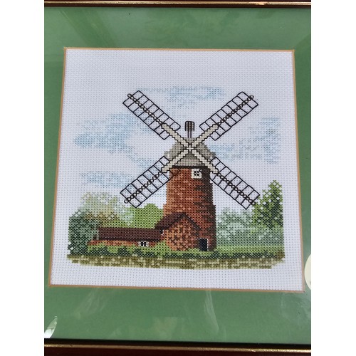 49 - Collection of 4x framed and glazed needlepoint pictures to include a clown figure, a windmill, a fis... 