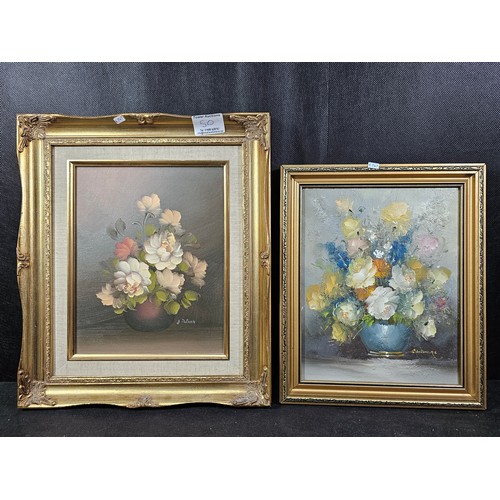 50 - 2x gilt framed oil on canvas paintings of still life scenes both in good order and well executed lar... 