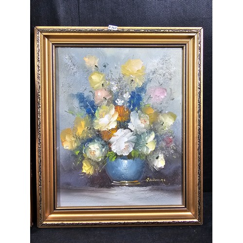 50 - 2x gilt framed oil on canvas paintings of still life scenes both in good order and well executed lar... 