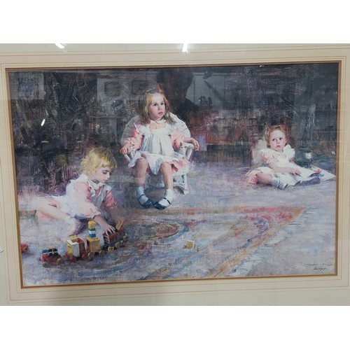 55 - Large framed and glazed limited edition print of children in a playroom titled The Three Sisters, si... 