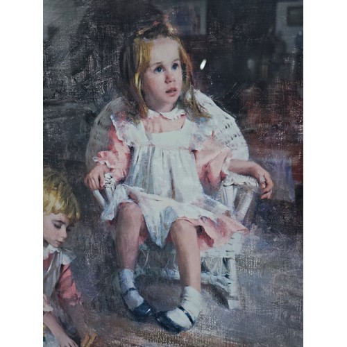 55 - Large framed and glazed limited edition print of children in a playroom titled The Three Sisters, si... 