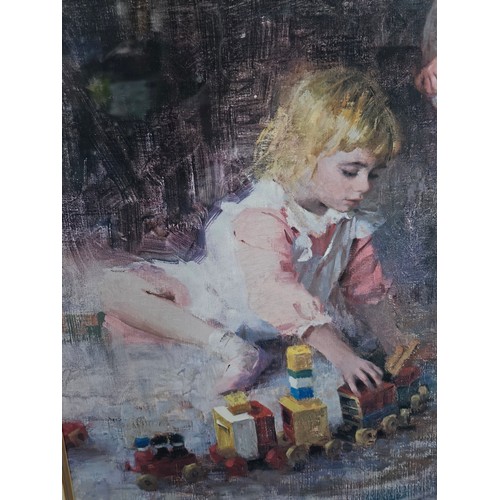 55 - Large framed and glazed limited edition print of children in a playroom titled The Three Sisters, si... 
