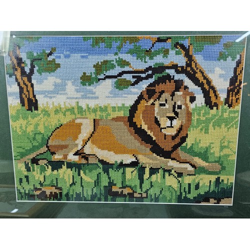 60 - A collection of 8x framed and glazed pictures to include 3x needlepoint pictures of a Lion, Tiger an... 