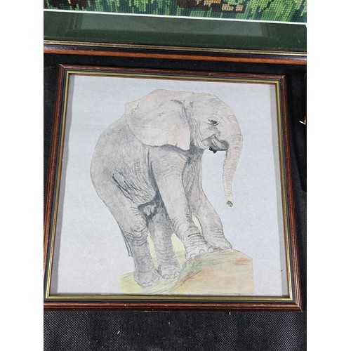 60 - A collection of 8x framed and glazed pictures to include 3x needlepoint pictures of a Lion, Tiger an... 