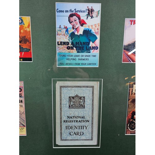 61 - Large framed and glazed selection of reproduction propaganda wartime postcards, to include Royal Enf... 