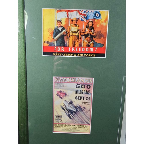 61 - Large framed and glazed selection of reproduction propaganda wartime postcards, to include Royal Enf... 