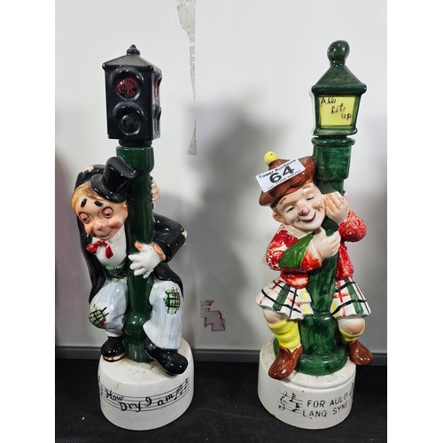 64 - Collection of 9x vintage character decanters with musical bases to include a Scotsman on a lamp post... 