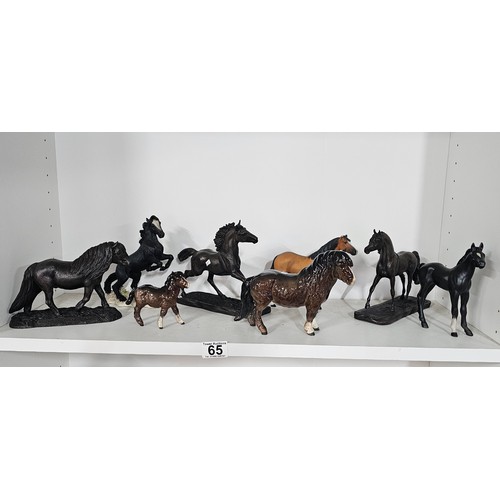 65 - A collection of ceramic horse figures to include a Beswick Sheltand pony and foal, the foal has chip... 