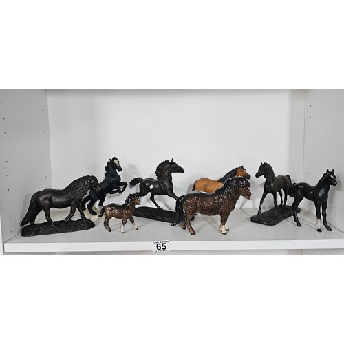 65 - A collection of ceramic horse figures to include a Beswick Sheltand pony and foal, the foal has chip... 