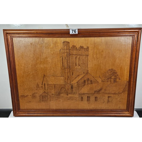 76 - A framed poker art picture of Tywyn Church 1885. Well detailed and well executed. Has a height of 48... 