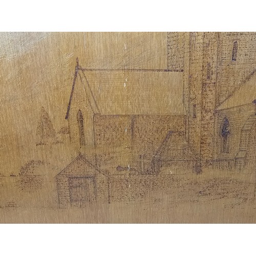 76 - A framed poker art picture of Tywyn Church 1885. Well detailed and well executed. Has a height of 48... 