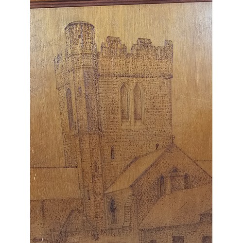 76 - A framed poker art picture of Tywyn Church 1885. Well detailed and well executed. Has a height of 48... 