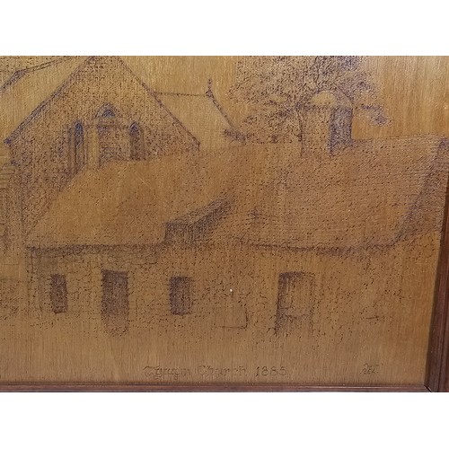 76 - A framed poker art picture of Tywyn Church 1885. Well detailed and well executed. Has a height of 48... 