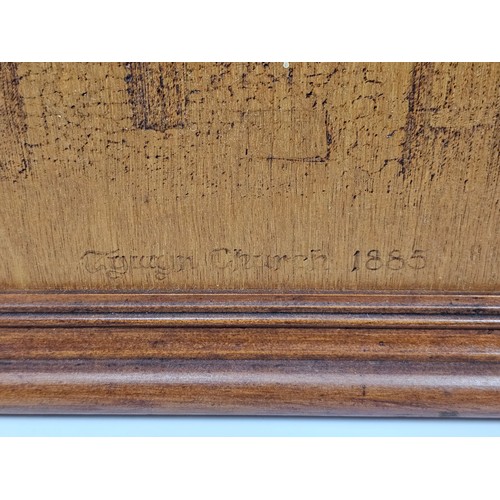 76 - A framed poker art picture of Tywyn Church 1885. Well detailed and well executed. Has a height of 48... 