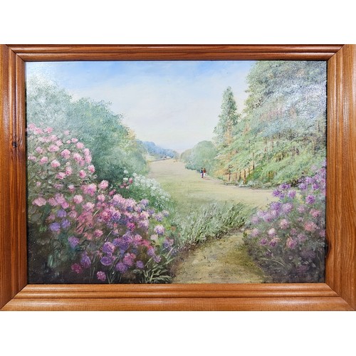 77 - A collection of 4 original framed artwork to include  a country scene with Rhododendrons in the fore... 