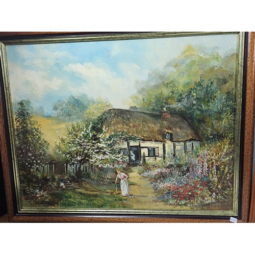 77 - A collection of 4 original framed artwork to include  a country scene with Rhododendrons in the fore... 