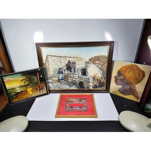 78 - A collection of 4 pictures to include an original oil on board painting of a Greek scene of a lady l... 