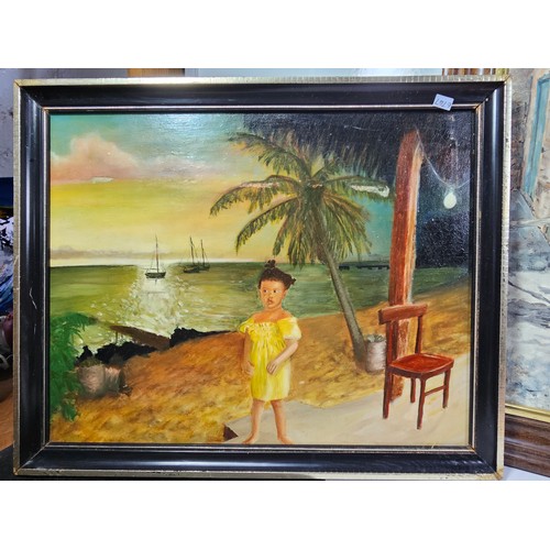 78 - A collection of 4 pictures to include an original oil on board painting of a Greek scene of a lady l... 