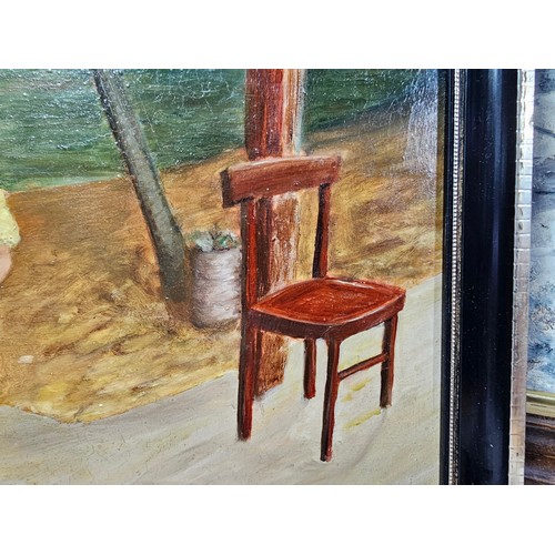 78 - A collection of 4 pictures to include an original oil on board painting of a Greek scene of a lady l... 