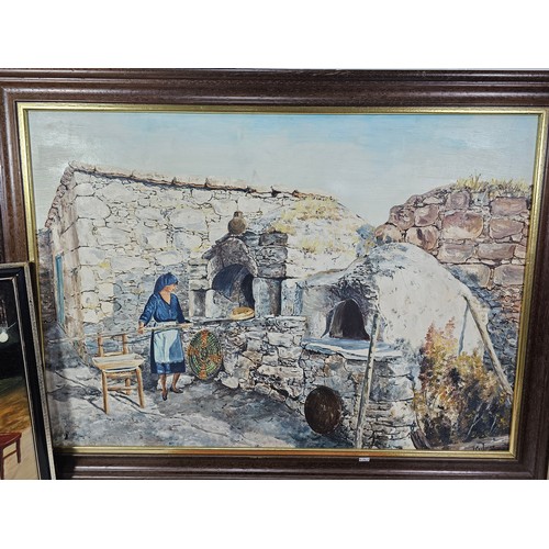 78 - A collection of 4 pictures to include an original oil on board painting of a Greek scene of a lady l... 