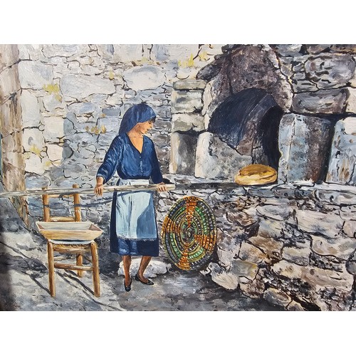78 - A collection of 4 pictures to include an original oil on board painting of a Greek scene of a lady l... 