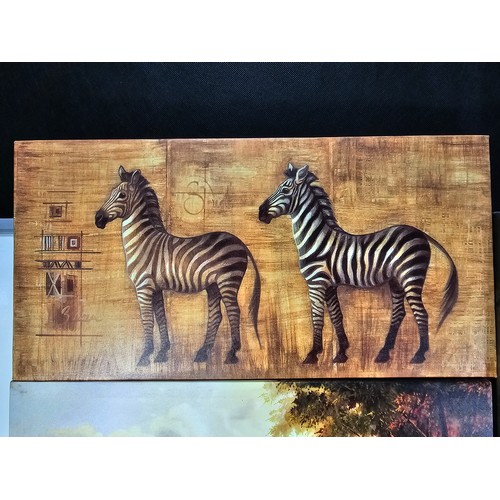 79 - A quantity of 4 stretched canvas prints to include a tall picture of a Giraffe and calf by Roane Man... 