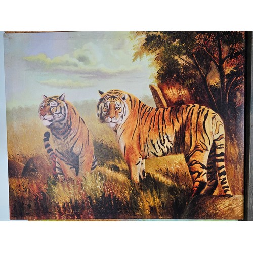 79 - A quantity of 4 stretched canvas prints to include a tall picture of a Giraffe and calf by Roane Man... 