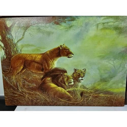 79 - A quantity of 4 stretched canvas prints to include a tall picture of a Giraffe and calf by Roane Man... 