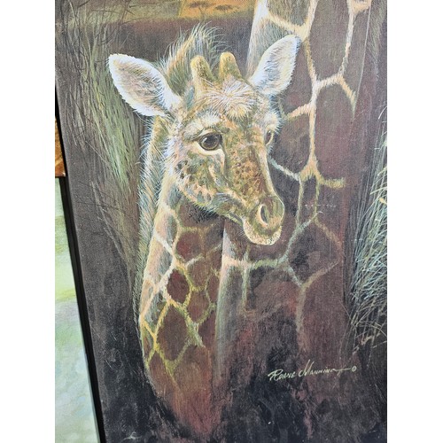 79 - A quantity of 4 stretched canvas prints to include a tall picture of a Giraffe and calf by Roane Man... 