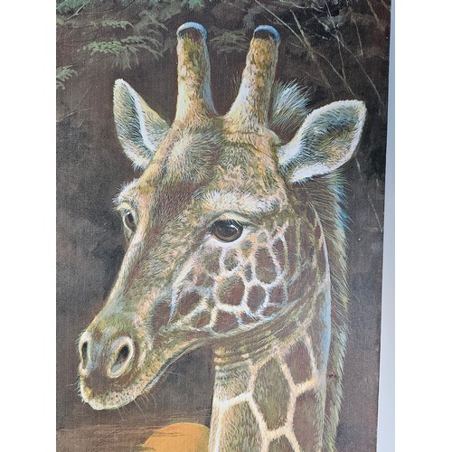 79 - A quantity of 4 stretched canvas prints to include a tall picture of a Giraffe and calf by Roane Man... 