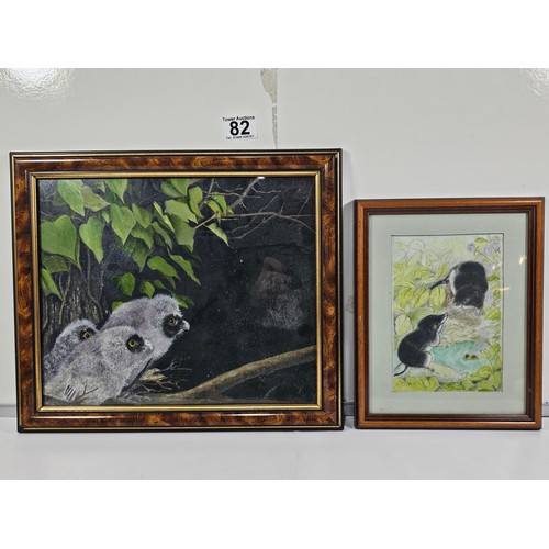 82 - 2 framed and glazed pastel drawings, one of a pair of owl chicks, the other of a pair of shrews. Bot... 