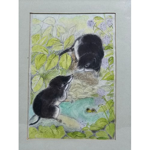 82 - 2 framed and glazed pastel drawings, one of a pair of owl chicks, the other of a pair of shrews. Bot... 