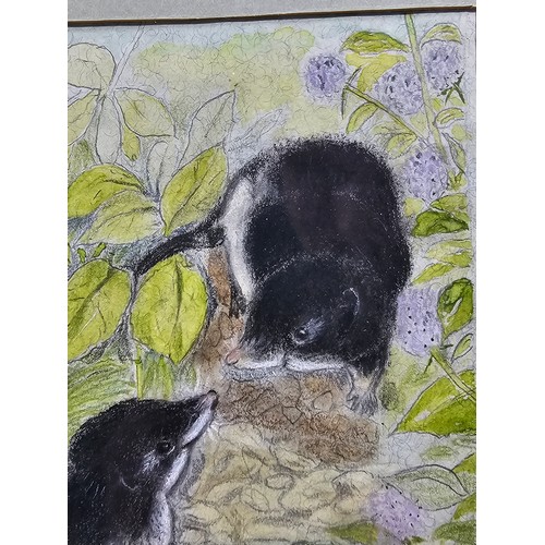 82 - 2 framed and glazed pastel drawings, one of a pair of owl chicks, the other of a pair of shrews. Bot... 