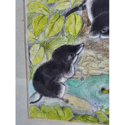 82 - 2 framed and glazed pastel drawings, one of a pair of owl chicks, the other of a pair of shrews. Bot... 