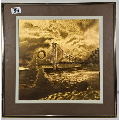 86 - A framed and glazed copper foil of the Golden Gate Bridge in San Francisco. The picture has a COA to... 