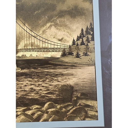 86 - A framed and glazed copper foil of the Golden Gate Bridge in San Francisco. The picture has a COA to... 