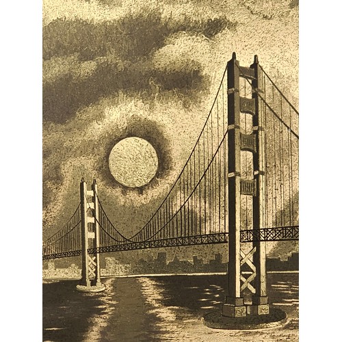 86 - A framed and glazed copper foil of the Golden Gate Bridge in San Francisco. The picture has a COA to... 