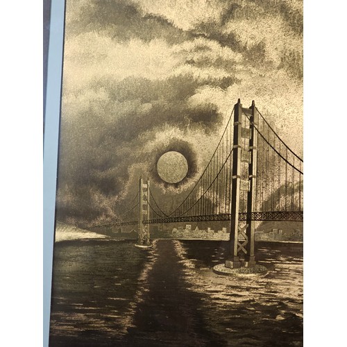 86 - A framed and glazed copper foil of the Golden Gate Bridge in San Francisco. The picture has a COA to... 