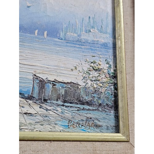 87 - A framed oil on board pallet knife painting of a coastal scene signed to the lower right. In a good ... 