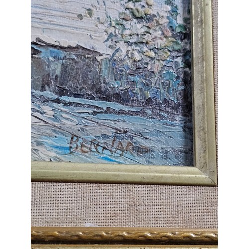 87 - A framed oil on board pallet knife painting of a coastal scene signed to the lower right. In a good ... 